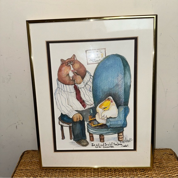 Vintage Framed Signed Print Drawing Don Nedobeck Artwork Therapy Humor Cat Duck